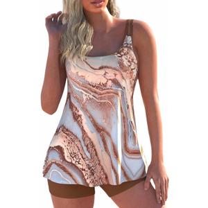 ROSEWE 2025 Tankini Swimsuits for Women, Two Piece Bathing Suits with Shorts, Modest Tank Top Swim Dress (Large, Light Coffee)