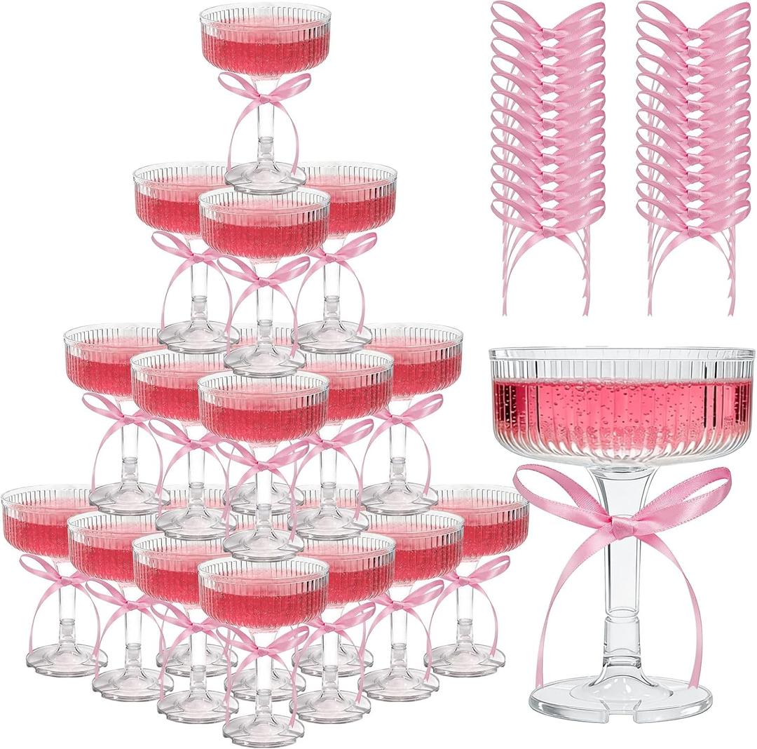ACRYLIC Champagne Tower Set 20 Pack 7oz Shatterproof Flutes with 25 Pink Bows & 25 Dots, Stackable Plastic Coupe Glasses for Wedding, Birthday, Bridal Shower, Anniversary & Catering Events