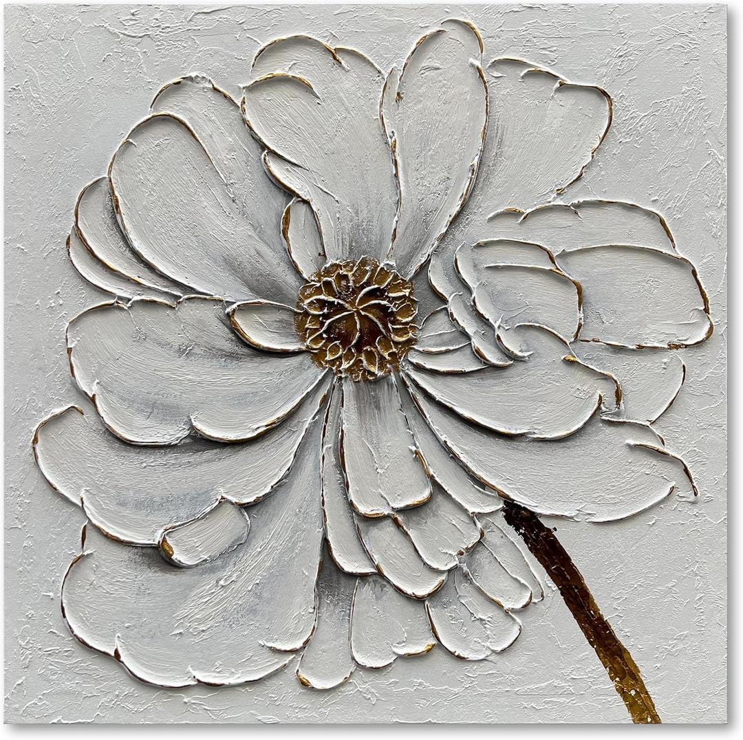 Diathou Art 24x24 inches Hand-painted golden texture white flower oil painting. Modern abstract art. Suitable for decoration on walls of living room, bedroom or office