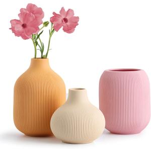Ceramic Vase for Decor,Small Boho Vases Set for Home,Modern Minimalist Farmhouse Decoration,Decorative Bud Vases for Shelf Decor,Table, Bookshelf, Mantel and Entryway(Pink+Light Yellow+Orange)