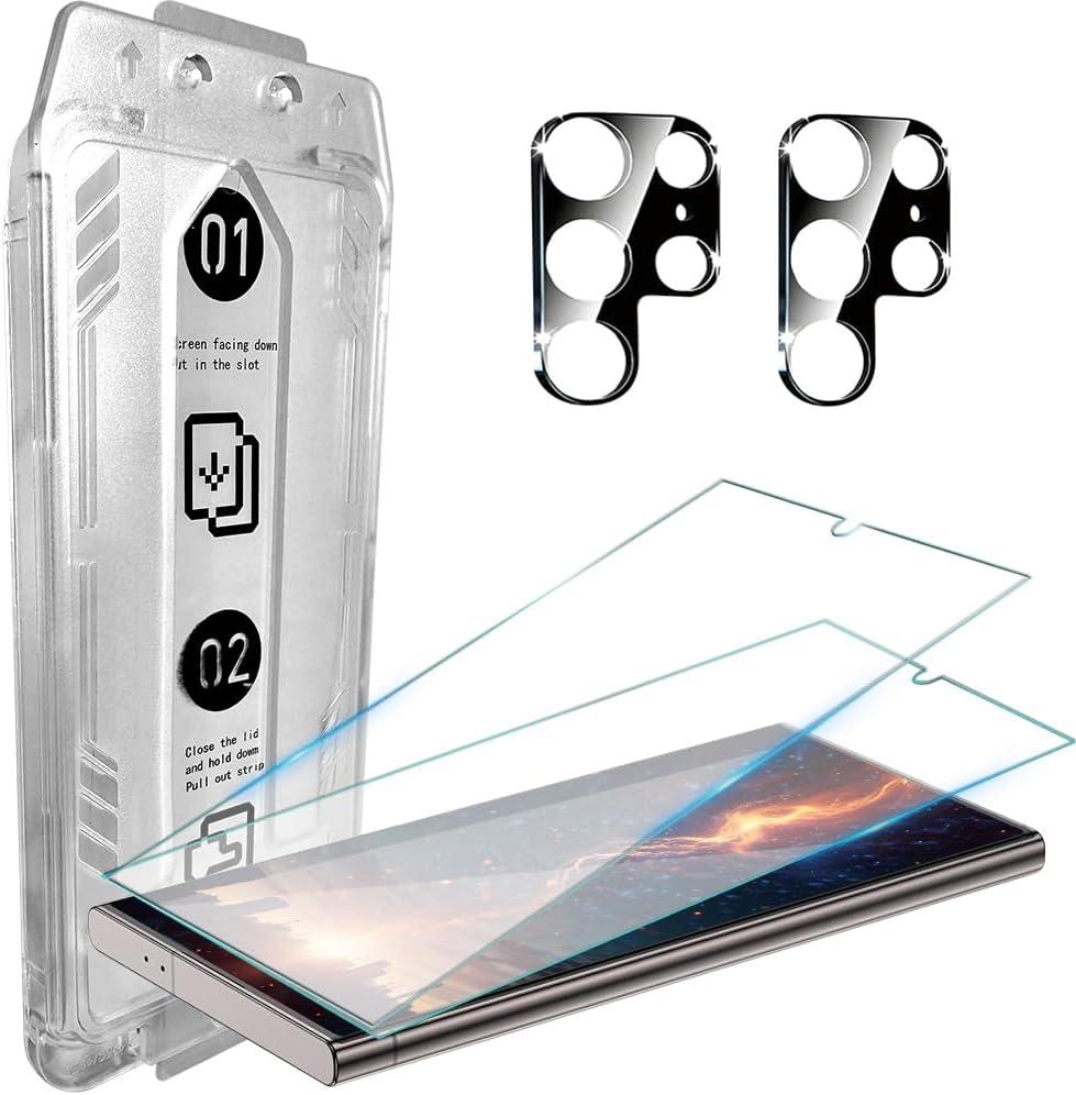 2 x for Samsung Galaxy S25 Ultra Screen Protector 9H+ Tempered Glass [Auto Dust free Tray] [Military Grade Shatterproof] [Case Fit] [Longest Durable] with Camera Lens Shield for Samsung S25 Ultra (Transparent)