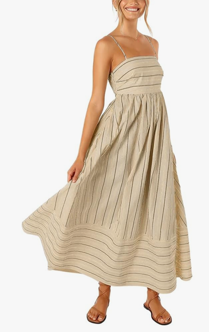 chouyatou Women's Striped Back Smocked Maxi Dress Sexy Spaghetti Strap Cut Out Flowy Swing Long Dress
Size S