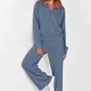 PRETTYGARDEN Women's 2 Piece Outfits Casual Lapel Half Zip Sweatshirts and Wide Leg Pants Tracksuit Sets (Blue, L)