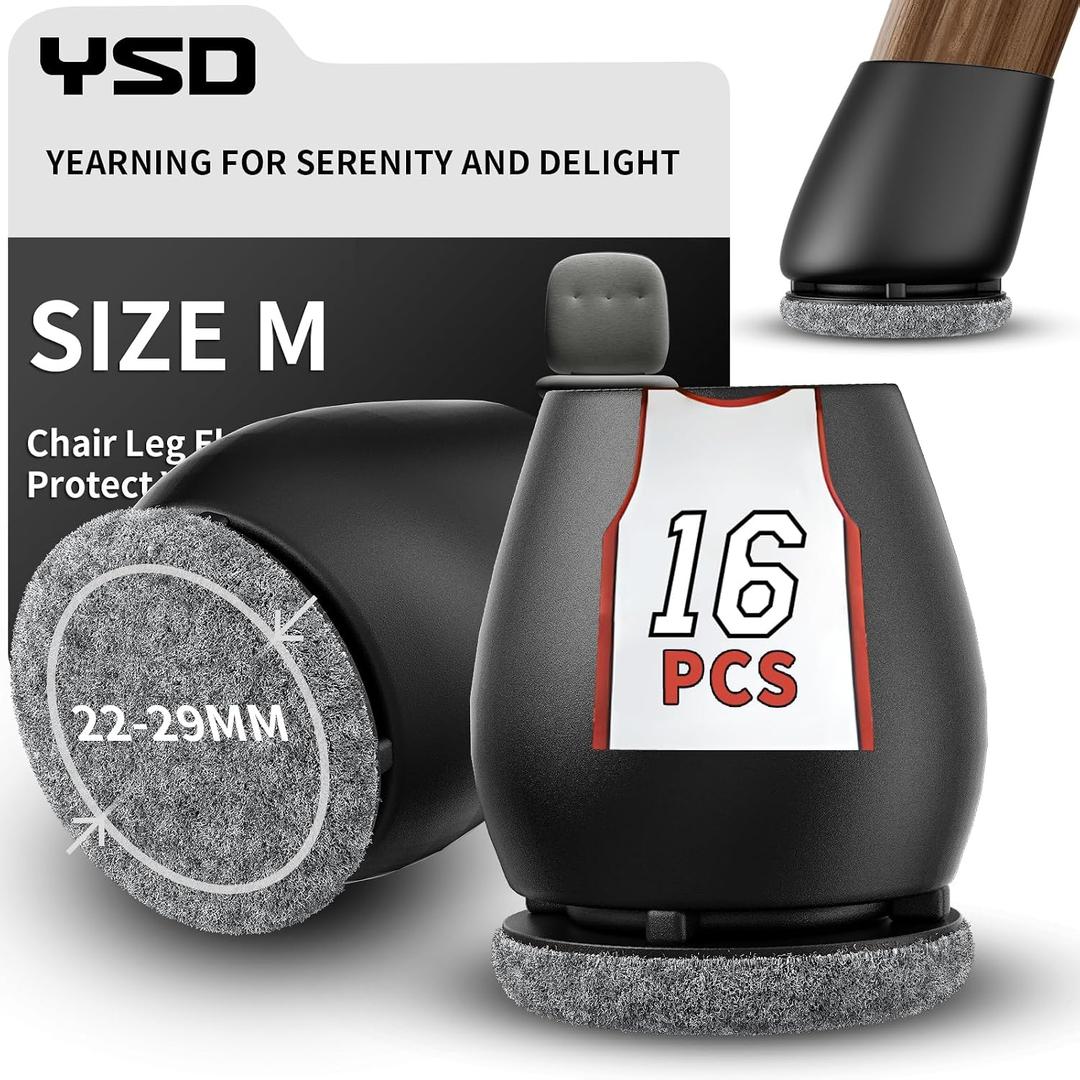 YSD 16PCS Silicone Floor Protectors, 1 inch Black Chair Caps for Tilt Legs, Hardwood Floor Protectors with Felt Pads