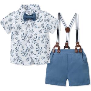 Toddler Baby Boy Outfits 12-18M Boys Dress Clothes Suit Cotton Linen Short Sleeve Shirts+Bowtie+Suspender Shorts Set (Blue)