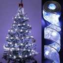 Christmas Tree Decorations Ribbon Lights, 32ft 100 LED String Lights, Battery-Powered Copper Wire Christmas Tree Ribbon Lights for Holiday Party Weddings Indoor Christmas Tree Decorations (Silver)