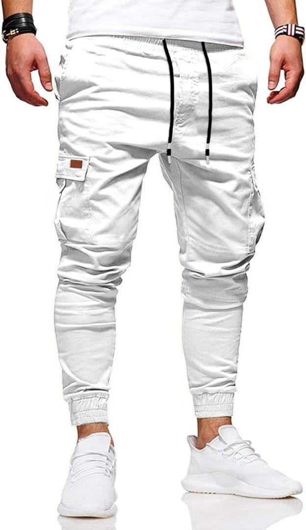 HUNGSON Men's Slim Fit Casual Cargo Pants with Drawstring Long Pants (34, 2025 White)