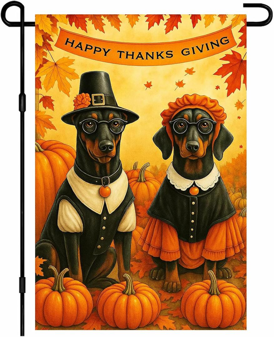 IVN Happy Thanksgiving Garden Flag 12x18 Inch Double Sided Dog Pilgrim Pumpkin Maple Leaf Outdoor Yard Flag for Outside Front Door Lawn Porch Patio Welcome Decor
