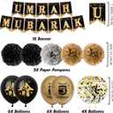 Umrah Mubarak Decorations Party Banner - Black Gold Mubarak Balloons Paper Pom Poms and Cake Topper, Hajj Mubarak Islamic Festival Decor Supplies