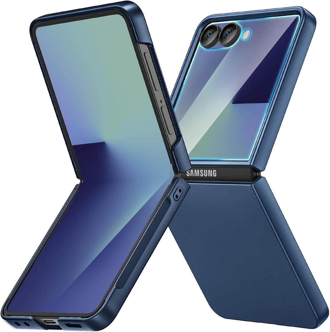 Ruky for Galaxy Z Flip 7 Case, Hard PC Ultra Slim Anti-Scratches Shockproof Wireless Charging, Built-in Back Screen Protector, HD Clearly Shockproof Phone Cover for Samsung Galaxy Z Flip 7, Dark Blue