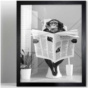 Biufo Bathroom Wall Decor, Monkey on Toilet Framed Wall Art, Animal Canvas Print Poster, Restroom Bathroom Decoration (8"x10") (Grey J)