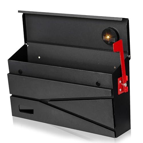 Ydocabinit Wall Mount Mailbox, Large Capacity Mailbox for House, with Flag, Visibility Galvanized Steel Rust-Proof Metal Post Drop Box, Mailboxes for Outside, 15.74"×9.84"×4.33" Solar Lanterns Black