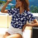 Women Hawaiian Shirt Soft Cool Summer Hawaii Tshirts Beach Tropic Print V Neck Button up Tops Floral Short Sleeve Tops (Blue, XXL)