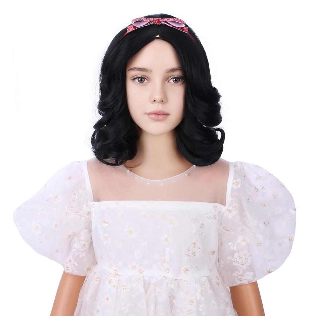 Girls Black Wig with Headband Kids Short Natural Black Wavy Curly Wig Children Middle Part Wigs Heat Resistant Synthetic Wigs with Cap