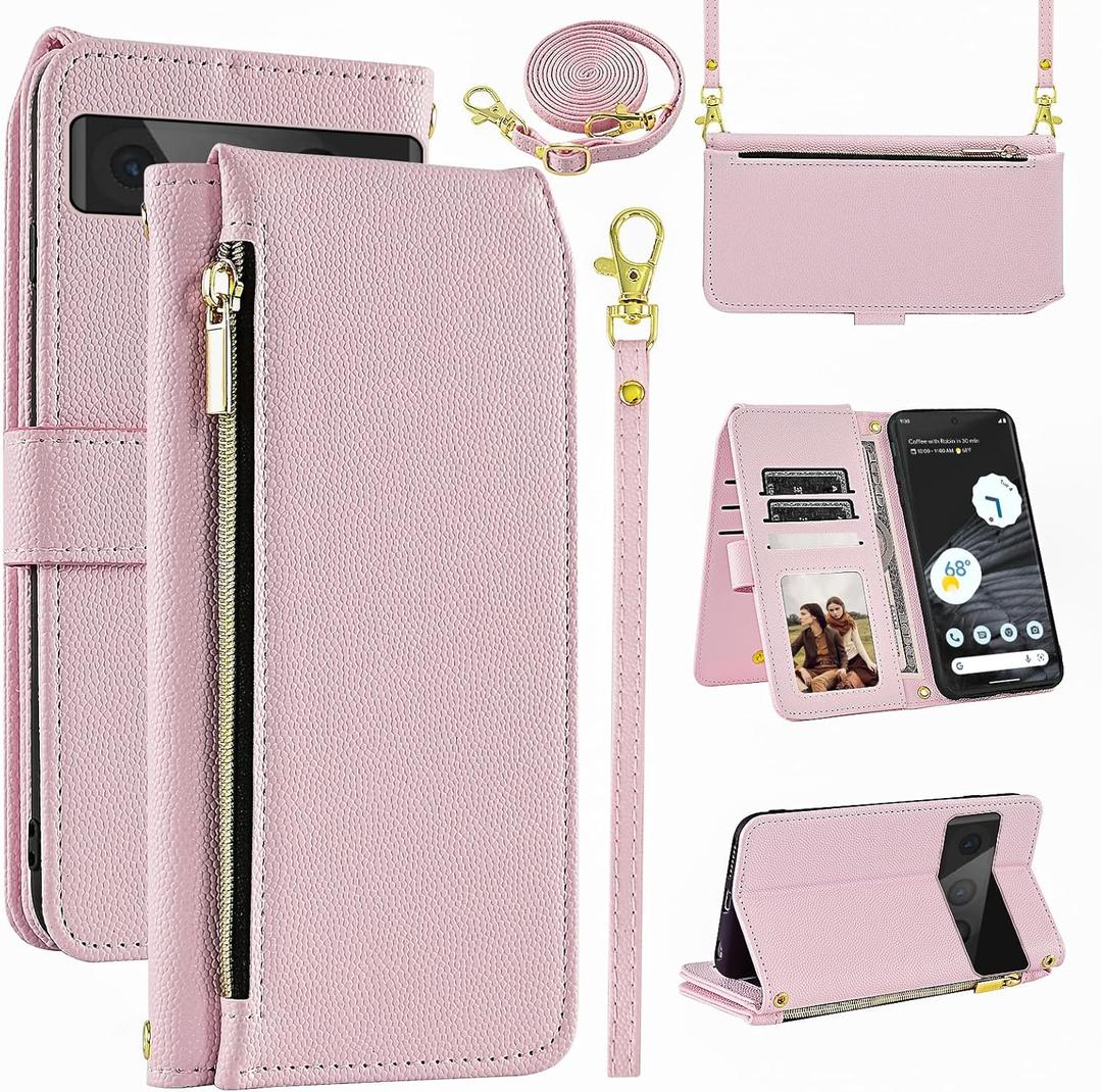 Luxury Wallet Case for Google Pixel 7 Pro 5G with Wrist Strap Shoulder Strap Slim Flip Zipper Purse PU Leather Card Holder Stand Cell Phone Cover for Pixel7Pro Pixel7 XL Seven 7Pro 6.7 Pink