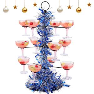 LemonRoad Cocktail Tree Stand with Christmas Garland, 3 Tier 12 Holders Wine Glass Display Champagne Tower for Martini Xmas Thanksgiving Day Party Weddings Bridal Showers Events(Blue and Silver)