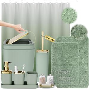 XLHOMO Sage Green Bathroom Set - 24PC Bathroom Sets with Shower Curtain and Rugs, Sage Green Bathroom Accessories Set with Press-on Lid Bathroom Trash Can, Soap Dispenser