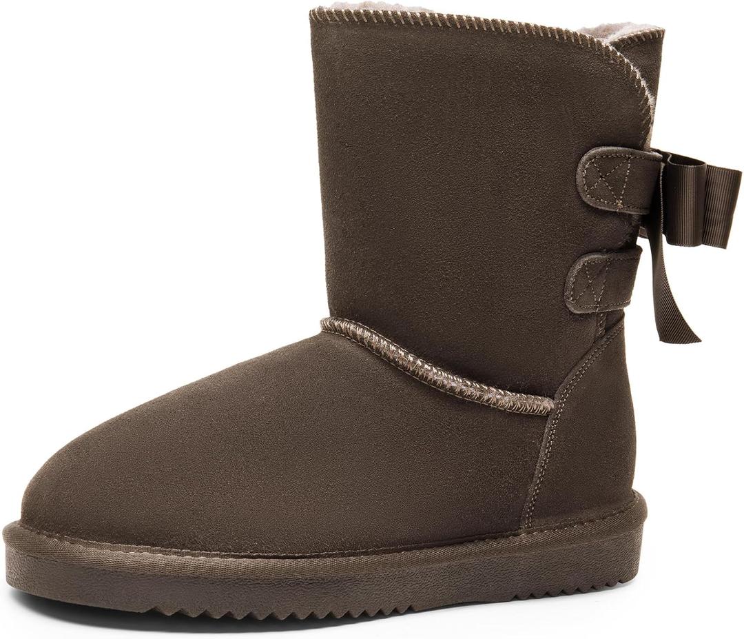 DREAM PAIRS Women's Winter Snow Boots FuzzyChic Bow Genuine Suede Leather Faux Fur Lining Memory Foam Warm Winter Short Booties for Outdoor Indoor (8, Taupe)
