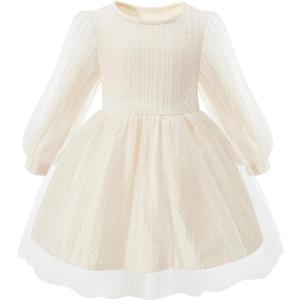 Little Bitty Girls Long Sleeve A-Line Tulle Princess Dress, Midi Length Casual Party Ribbed Knit Top Tulle Skirt 4-13 Years (White)