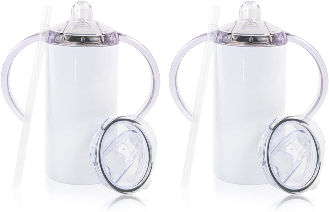 2 Pack Sublimation Blank Sippy Cup Tumblers with Handles Straight Stainless Steel Insulated Skinny Tumblers with Splash-proof Lid 12 oz Shatterproof Water Tumbler