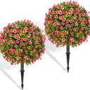 Fake Plants - 18" Wide Set of 2 Faux Boxwood Plants for Outdoor Planters, UV Resistant Artificial Topairy Ball Trees with Spike for Outdoor Decor (A - Pink Lilacs)