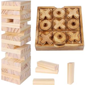 Glintoper Tic Tac Toe & Tumble Tower Blocks Tables Game Set, Classic Wood Stacking Game & XOXO Board Games for Kids Family, Living Room Rustic Coffee Table Decor, Travel Strategy Board Games