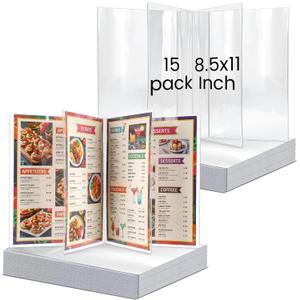 15 Pack Menu Covers 8.5 x 11 Inch 4 Page 8 View Transparent Menu Holder Waterproof Clear Plastic Cover Fits A4 Size Paper Double Stitched Edge for Bar Restaurant