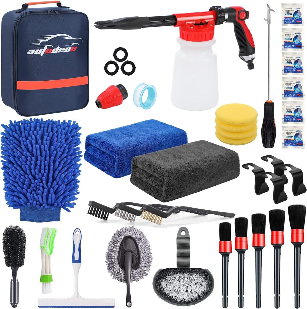 AUTODECO 33Pcs Car Wash Detailing Kit Cleaning Kits with Foam Sprayer Brush Large Wash Mitt Towels Complete Interior Exterior Car Washing Supply Set Blue