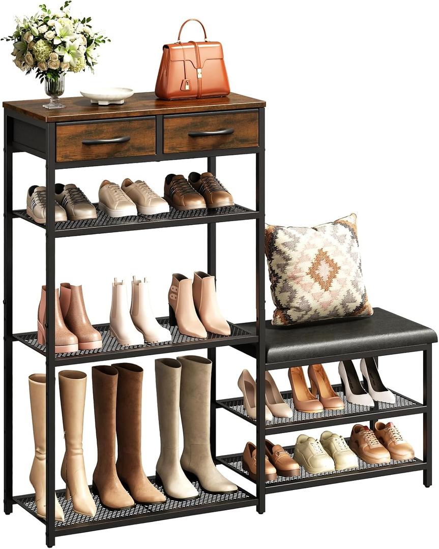 Shoe Rack for Entryway, 5-Tier Shoe Organizer Bench with Cushioned Seat and 2 Drawers, Metal Frame, Wood Top, Adjustable Feet, Holds 16-20 Pairs, Shoe Shelf Stand for Closet, Hallway, Front Door