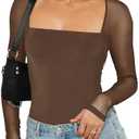 Bellcoco Women's Sexy Mesh Long Sleeve Tops Square Neck Blouse Slim Fit See Through Shirt Going Out Party Clubwear M Brown