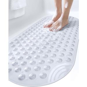DEXI Bathtub Mat Non Slip 16x35, Shower Floor Mats for Bathroom Bath Tub, Washable Oval Bathmat with Suction Cups and Drain Holes, Clear