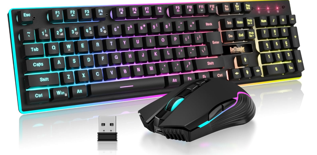 RedThunder K10 Wireless Gaming Keyboard and Mouse Combo, LED Backlit Rechargeable 3800mAh Battery, Mechanical Feel Antighosting Keyboard + 7D 3200DPI Mice for PC Gamer (Black)
