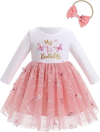 IBTOM CASTLE First Birthday Outfit Baby Girl Long Sleeve Embroidered Tutu Princess Dress and Headband Cake Smash Outfit 9-12M