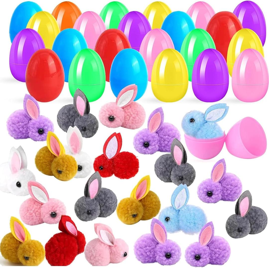 24 Pack Easter Eggs Fillers with Plush Bunny Toys,Mini Colorful Plush Bunny Stuffed for Kids Toddler Boys Girls Easter Egg Hunt Classroom Prize Easter Basket Stuffers Party Favors