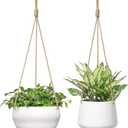 Mkono Ceramic Hanging Planter of Shallow 8 Inch and Deep 6 Inch for Indoor Outdoor Plants, Set of 2 Modern Plant Pot Geometric Porcelain Hanging Basket with Polyester Rope Hanger