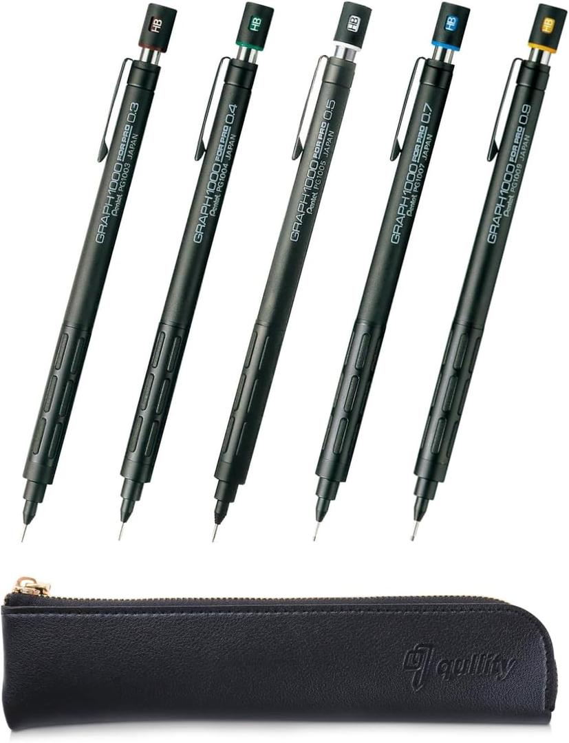 Graph 1000 for Pro Mechanical Drafting Pencil Set (0.3mm / 0.4mm / 0.5mm / 0.7mm / 0.9mm), qullity original Black slim pen case