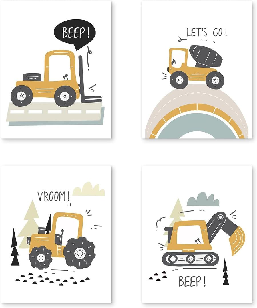 2 x PUHEI Construction Truck Boys Room Wall Art Prints Set of 4, Construction Wall Posters Decor for Toddler Boy Room Nursery Playroom, Digger Little Boy Room Poster Prints (8 x 10 Inches Unframed)