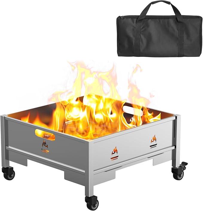 Portable Square Fire Pit, 22 Inch Outdoor Collapsible Plug Firepit for Camping, Backyard, Patio, Portable Indoor Outdoor BBQ Accessories for Wood Burning with Storage Bag, Stainless Steel