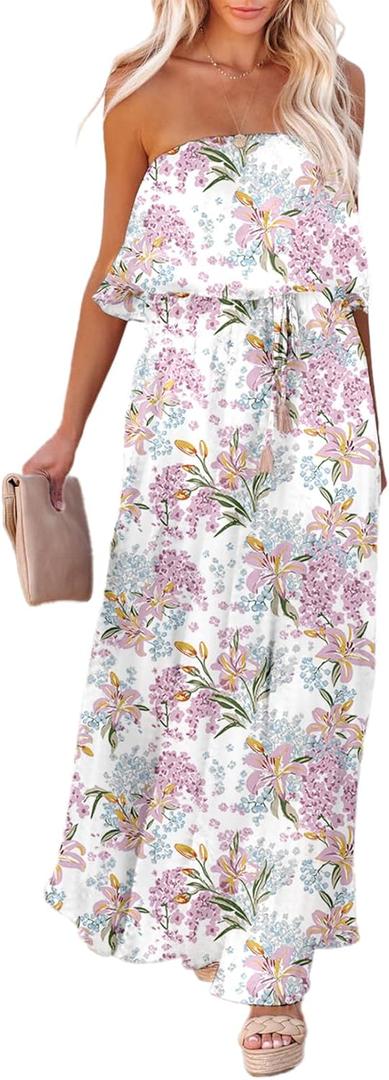 Dokotoo Womens Strapless Dresses Casual Summer High Waist Side Split Flowy Boho Maxi Dress