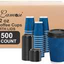 Lamosi Disposable Coffee Cups with Lids 12 OZ 500 Pack, Insulated Paper Corrugated Ripple Wall To Go Cup for Hot Beverages - Blue