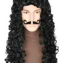 Pirate Captain Wigs for Men Black Long Curly Wave Pirate Costume Wig Halloween Theme Party Wig