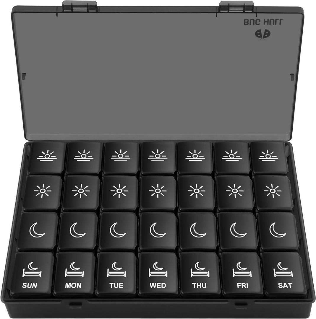 XL Pill Organizer 4 Times a Day, BUG HULL Large Weekly Pill Box for Travelling, Portable Pill Cases 7 Day pill Container Removable Daily Medicine Organizer for Cod-liver oil, Vitamins, Supplements (Black)