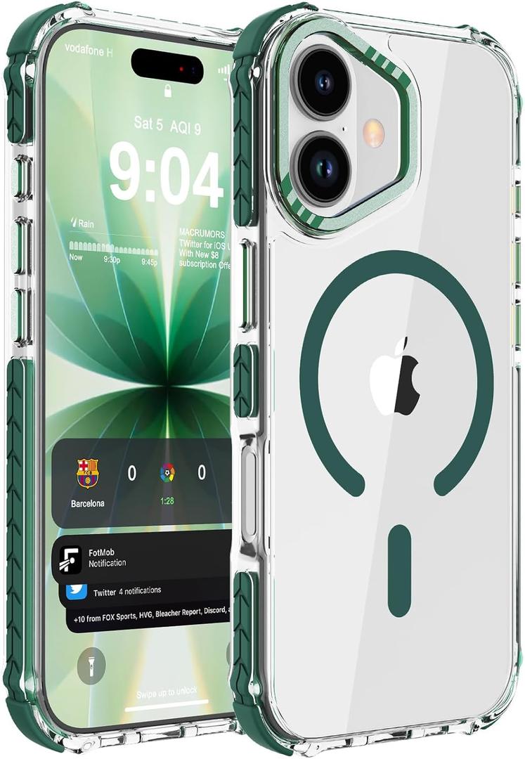 DEERLAMN Strong Magnetic Case for iPhone 17 6.3-Inch,[Compatible with Magsafe][Military Grade Drop Protection] Clear Slim Shockproof Protective Phone Cover-Transparent+Green
