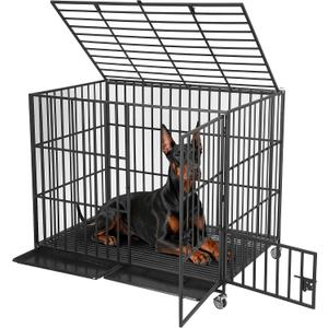 Escape-Proof Heavy Duty XXL Dog Crate – Indestructible Metal Kennel with 3 Doors, Removable Tray, Locking Wheels, Secure for Large/Medium Breeds, High Anxiety Pet Cage, 53.9" L x 35.8" W x 45.7" H
