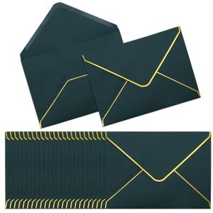 szkoo 100 Pack 5x7 Envelopes, Dark Green A7 Card Christmas Envelopes V Flap Envelope Gold Borders for Invitations, Weddings, Parties & Greeting Cards