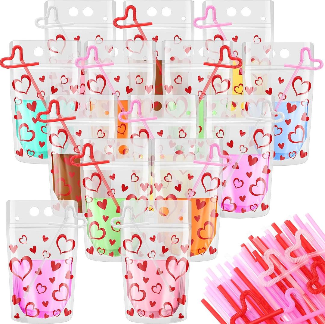 60 Sets Valentine's Day Drink Pouches with Straws 16 oz Heart Drink Pouches for Adults Alcohol Reusable Smoothie Juice Bags Reclosable Alcohol Bags for Valentines Wedding Birthday(Clear)
