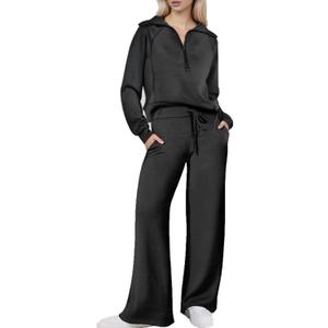 Women's 2 Piece Outfits 2025 Casual Half Zip Wide Leg Pants Tracksuit Sets Lounge Set Travel Vacation Sweatsuits (Large, Black)