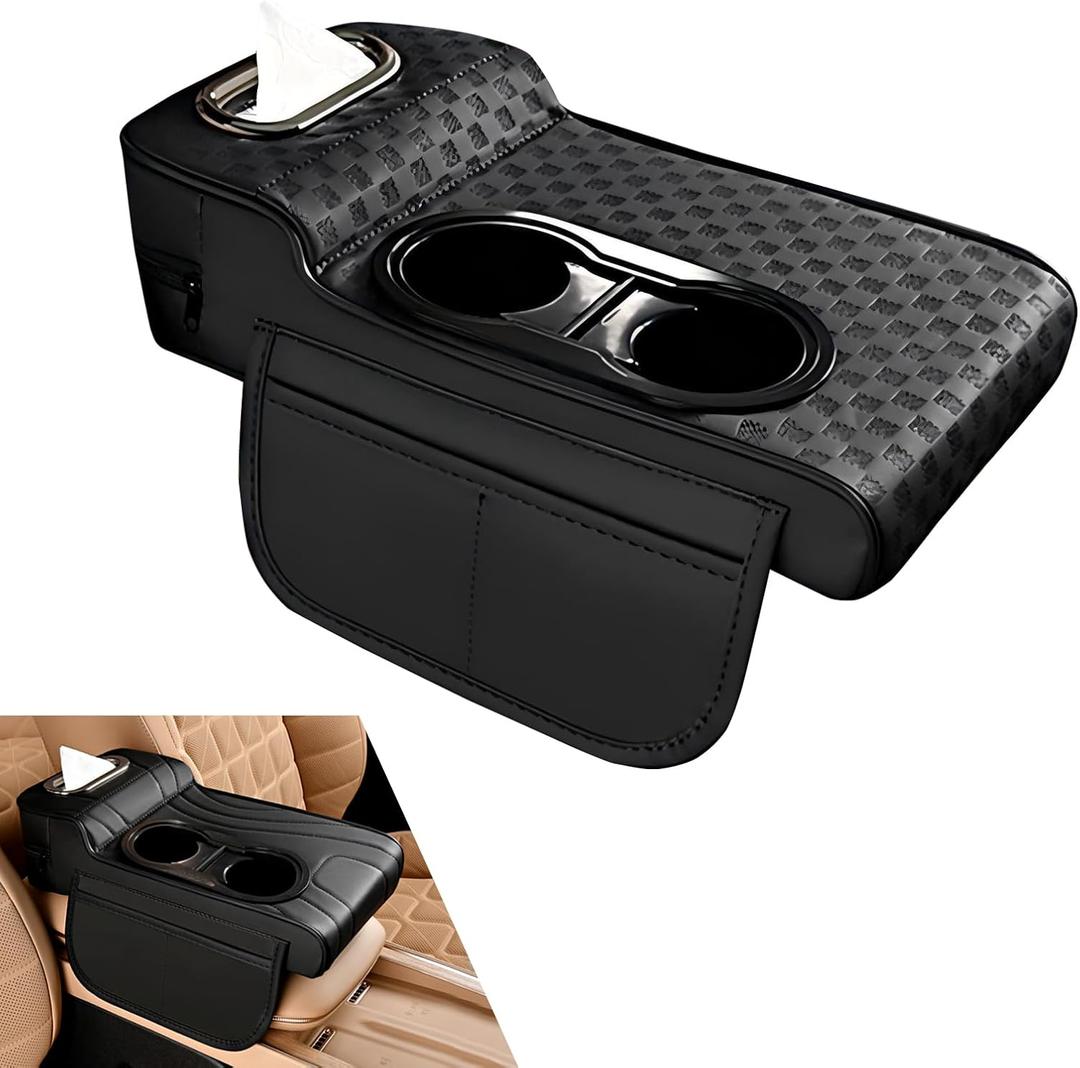Car Center Console Cover, Microfiber Leather Car Armrest Cover Cushion with 2 Storage Bags, Cup Holders, Tissue Box Slot, Universal Car Armrest Storage Box for Most Vehicles (Black) (1 PC)