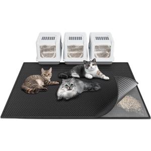 Cat Litter Box Mat: 47"x 36" Waterproof Kitty Cat Litter Trapping Mat, Easy-clean Double-layer Scatter Control Pad Rug (Black)