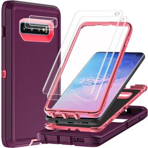 For Samsung Galaxy S10 Case with 2Pcs Self Healing Flexible TPU Screen Protector & Camera Lens Protector, 3 in 1 Heavy Duty Shockproof/Drop Proof/Dust Proof Case (Wine Red/Rose Pink)